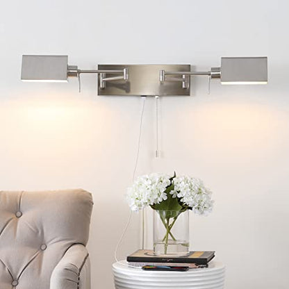 JONATHAN Y Arlo 54" 2-Light Double Swing Arm Metal Lamp, Nickel | Industrial Farmhouse Design, Pull Chain Switch, USB Charging Port, Hardwired, Adjustable Shades, LED Bulbs Included - color: Nickel, size: 2-Light