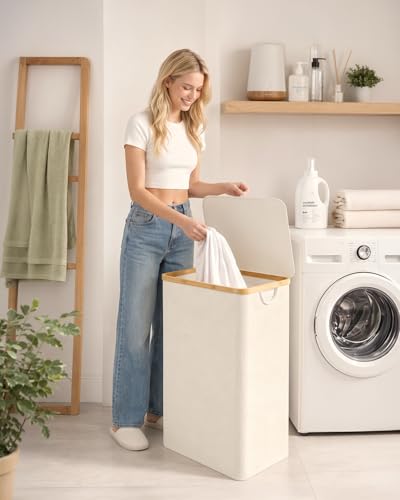 IEGrow Laundry Hamper with Lid,110L Laundry Basket with Mesh Bags,Beige | Dirty Clothes Hamper Basket with Bamboo Handle for Clothes Towels - color: Beige, size: 110L