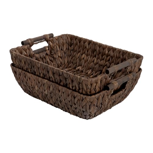 StorageWorks Wicker Baskets for Shelves, Large Organizer Basket | Wicker Storage Baskets for Shelves, Baskets with Wooden Handles, 2-Pack Gifts Basket for Home Decor, Hand-Woven Basket - color: Dark Brown(Water Hyacinth), size: Large