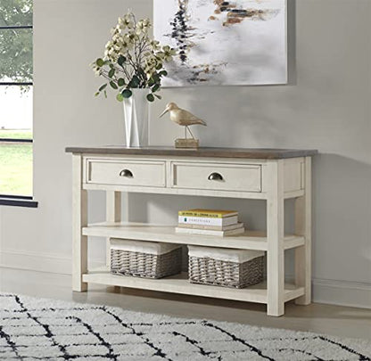 Martin Svensson Home Monterey Solid Wood Sofa Console Table, Cream & Brown | Farmhouse Style, Pine Wood, Two Drawers, Two Open Shelves for Storage - color: Cream White With Brown Top