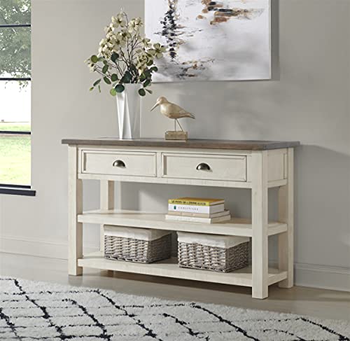Martin Svensson Home Monterey Solid Wood Sofa Console Table, Cream & Brown | Farmhouse Style, Pine Wood, Two Drawers, Two Open Shelves for Storage - color: Cream White With Brown Top