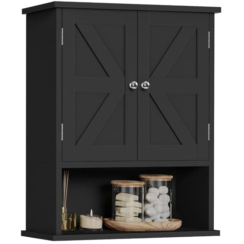 Bathroom Wall Cabinet, Over The Toilet Space Saver Storage Cabinet with Barn Doors & Adjustable Shelf, Hanging Medicine Cabinet, Black UNGGX003HV1 - color: Black, size: 7.1"D x 15.4"W x 19.3"H