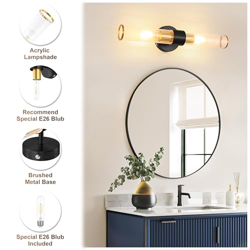 Morauroral Black Gold Battery Operated Wall Sconce, Rechargeable Wall Lights with Remote, 20 Inch Modern Wireless Wall Lamp for Bedroom, Living Room with Clear Glass Shade (Bulbs Included) - color: Gold（1 Pack）