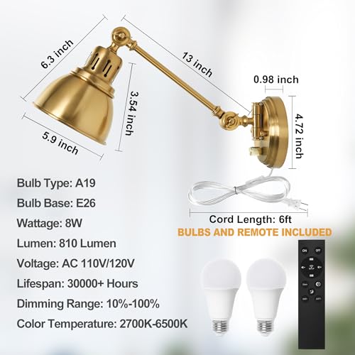 GOODATE Plug in Wall Sconces Set of Two with Remote, Stepless Colors 2700K-6500K & Stepless Dimming, Premium Golden Finish, Plug in Wall Light with Night Light & Timer, LED Bulbs Included - size: Gold-2 PACK(Bulbs+Remote)