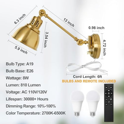 GOODATE Plug in Wall Sconces Set of Two with Remote, Stepless Colors 2700K-6500K & Stepless Dimming, Premium Golden Finish, Plug in Wall Light with Night Light & Timer, LED Bulbs Included - size: Gold-2 PACK(Bulbs+Remote)