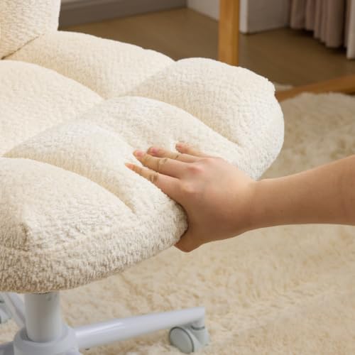 VINGLI Cute Armless Small Vanity Chair w/Plush Cushion &Fluffy Backrest, Comfy Swivel Chenille Office Desk Chair with 360° Wheels, Height Adjustable Makeup Chair for Bedroom&Dressing Room,Beige White - color: Beige White