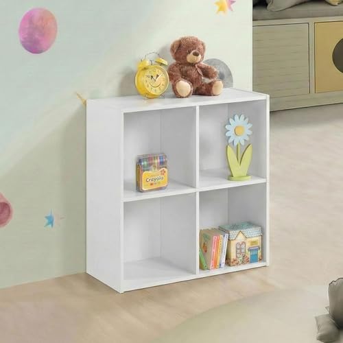 Kings Brand Furniture George 4-Cube Storage Organizer, 2-Tier Bookcase with Wood Shelves for Living Room, Bedroom, Nursery, or Home Office (White) - color: White