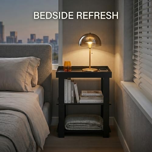 3-Tier Narrow Side Table with Tray Top, Slim Side Table, Black | Farmhouse Narrow End Table with Storage, Modern Slim Table Nightstand for Small Spaces, Bedroom or Living Room - color: Black