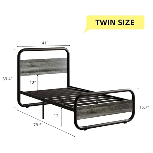 Twin Bed Frames, Metal Platform Twin Bed Frame with Wood Headboard, Grey | RBG LED Lights/Heavy Duty Metal Slats Support/12 in Under-Bed Storage/Noise-Free/No Box Spring Needed/Easy Assembly - color: Wash Gray, size: Twin