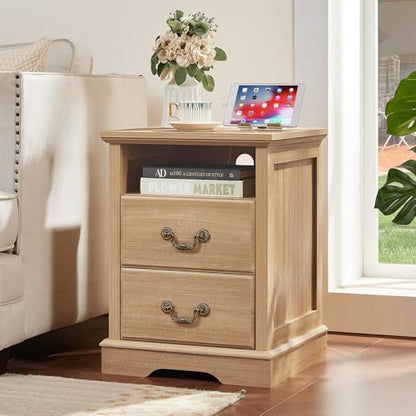 Farmhouse Night Stand with Charging Station, Natural | 2 Drawers End Tables Bedroom, Nightstand with Rustic Handles & Floor-Standing Thickened Foot & Open Shelf - color: Natural, size: 18"D x 18"W x 24"H (2 Drawers)