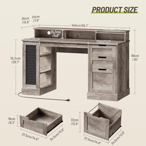 55-Inch Farmhouse Executive Desk with 2 Drawers and File Cabinet, Computer Desk with 3-Tier Storage Shelves, Home Office Desk with Charging Station, Pegboard and Monitor Shelf, Gray - color: Grey