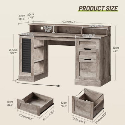 55-Inch Farmhouse Executive Desk with 2 Drawers and File Cabinet, Computer Desk with 3-Tier Storage Shelves, Home Office Desk with Charging Station, Pegboard and Monitor Shelf, Gray - color: Grey