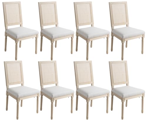 Kmax Farmhouse Dining Room Chairs, Fabric French Distressed Bedroom Chairs with Rectangle Rattan Back, Elegant Tufted Kitchen Chairs, Set of 8, Light Grey - color: White Wash/Rattan Light Grey, size: 8 Chairs
