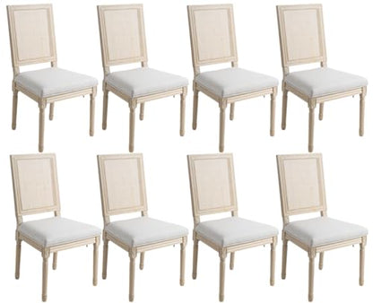Kmax Farmhouse Dining Room Chairs, Fabric French Distressed Bedroom Chairs with Rectangle Rattan Back, Elegant Tufted Kitchen Chairs, Set of 8, Light Grey - color: White Wash/Rattan Light Grey, size: 8 Chairs