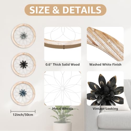 Paquesta 3 Piece Round Farmhouse Wall Decor with 6 Piece Interchangeable Flowers 12'' Medallion Wood & Metal Rustic Wall Art for Living Room Bedroom Kitchen Bathroom Dining Room Home Decorations - color: black wheel