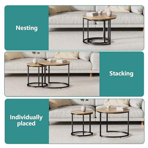 Smuxee Nesting Coffee Table Set of 2, 23.6" Round Coffee Table Brown Wood with Adjustable Non-Slip Feet, Industrial End Table Side Tables for Living Room Bedroom Balcony Yard - color: Brown, size: 23.6"W
