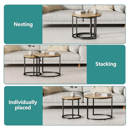 Smuxee Nesting Coffee Table Set of 2, 23.6" Round Coffee Table Brown Wood with Adjustable Non-Slip Feet, Industrial End Table Side Tables for Living Room Bedroom Balcony Yard - color: Brown, size: 23.6"W