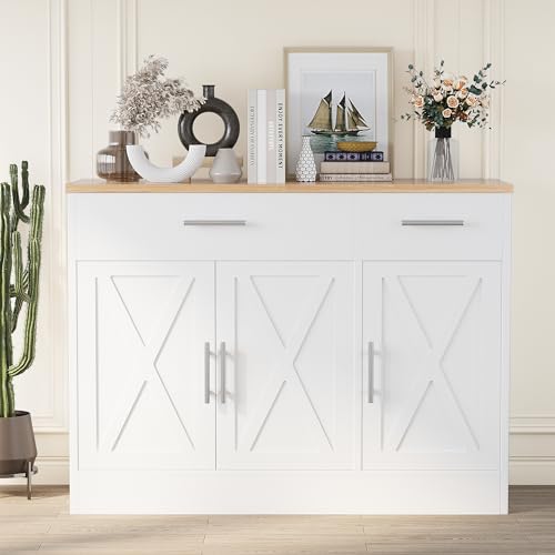Shintenchi Modern Farmhouse Sideboard Buffet Cabinet with Storage with 3 Doors,42" Barn Doors Buffet Cabinet with Storage, Wood Coffee Bar Cabinets with Adjustable Shelf for Kitchen Living Room,White - color: White