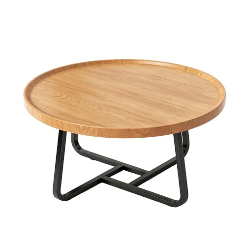 Garvee 19.7 in Round Coffee Table with Wood Surface Top & Sturdy Metal Leg | Small Wood Center Table, Easy-Clean & Waterproof, Raised Edge Side Table Compact for Apartment, Living Room, Balconies - color: Wood
