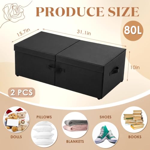 4팩 80L 침대 밑 보관함, 바퀴 포함, 25.4cm(10인치) 높이 대용량 접이식 침대 밑 보관함, 뚜껑 및 손잡이 포함, 의류 담요용 침대 용기 아래에서 쉽게 조립할 수 있습니다 - color: 블랙., size: 80 L
