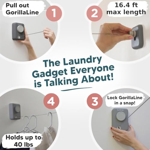 Max – Retractable Clothesline Indoor Outdoor, Non-Sagging Heavy Duty Clothes Drying Line, Wall Mounted Drying Rack, Air Dry Clothing, Max Tighten with GorillaGrip - style: Gray - Upgraded Model