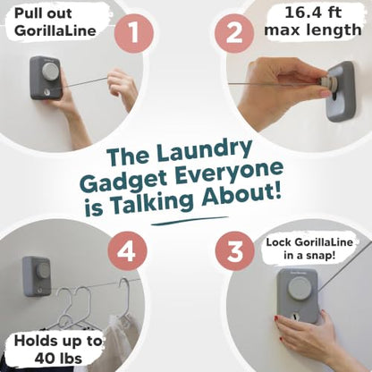 Max – Retractable Clothesline Indoor Outdoor, Non-Sagging Heavy Duty Clothes Drying Line, Wall Mounted Drying Rack, Air Dry Clothing, Max Tighten with GorillaGrip - style: Gray - Upgraded Model
