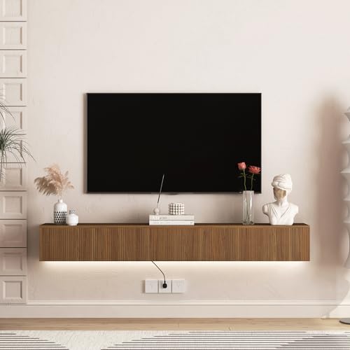 Floating TV Stand Wall Mounted with Led Lights, 69" Modern Floating Entertainment Center, Large Storage Media Console Wall Unit for Living Room Bedroom, Walnut - color: Walnut, size: 69" W x 9.17" H