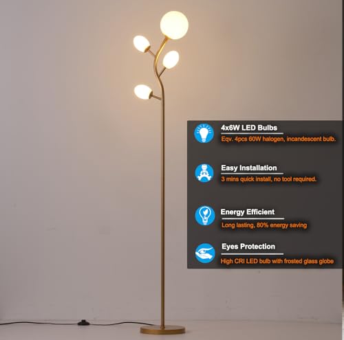 Fiqevs 4 Globe Floor Lamp for Living Room, Mid Modern Standing Tree Lamp | 3000K Warm Light, 4 LED Bulbs Included, Sphere Ball Frosted Glass Shade Tall Lamp for Bedroom/Office, Antique Brass/Gold - color: 4 Globe Tree- Gold