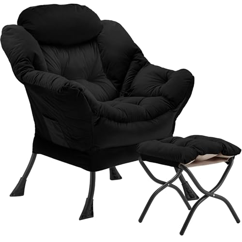 Youtanic Lazy Chair with Folding Ottoman, Accent Chair Velvet Upholstered with Metal Structure and Non-Slip Pads, Sofa Armchair with Footrest and Side Storage Bag for Dorm, Room, Office, Black - color: Black-f