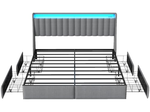 SADENICEL Queen Bed Frame with 4 Storage Drawer, Queen Size Bed Frame, Grey | Headboard with Charging Station and LED Lights, Metal Platform Bed with Storage Shelf, Noise Free, No Box Spring Needed - size: Queen, style: Channel Tufted & 4 Storage Drawers