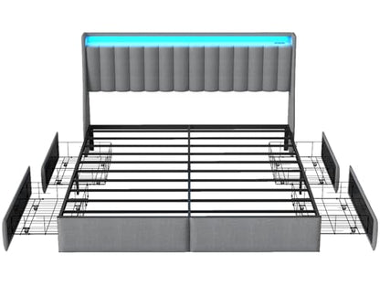 SADENICEL Queen Bed Frame with 4 Storage Drawer, Queen Size Bed Frame, Grey | Headboard with Charging Station and LED Lights, Metal Platform Bed with Storage Shelf, Noise Free, No Box Spring Needed - size: Queen, style: Channel Tufted & 4 Storage Drawers