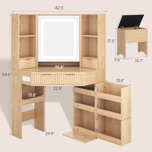 HAUOMS Fluted Corner Vanity Desk with Mirror & Lights, Natural Wood | Rotating Cabinet with 6 Shelves, Built-in Charging Station, 2 Drawers, Storage Bench, for Bedroom, Women Girls - style: Fluted Wood