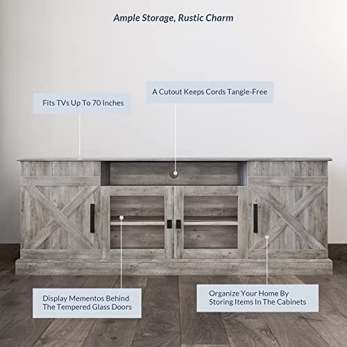 BELLEZE 65 Inch Modern Farmhouse Industrial Style Entertainment TV Stand for TVs Up to 70 Inches, Versatile Media Cabinet with Shelves and Storage - Veropeso (Gray Wash) - color: Gray Wash, style: 65"