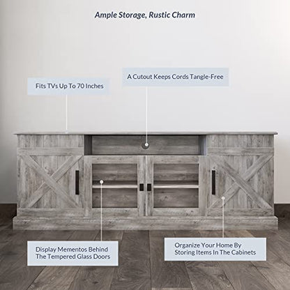BELLEZE 65 Inch Modern Farmhouse Industrial Style Entertainment TV Stand for TVs Up to 70 Inches, Versatile Media Cabinet with Shelves and Storage - Veropeso (Gray Wash) - color: Gray Wash, style: 65"