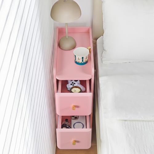 Narrow Nightstand Set of 2, Wooden Small 2 Drawer Nightstand, Slim Side End Table, Skinny Bedside Table, Mid Century Modern Night Stand with Drawers for Bedroom (Pink-1 pc) - color: Pink-1 Pc