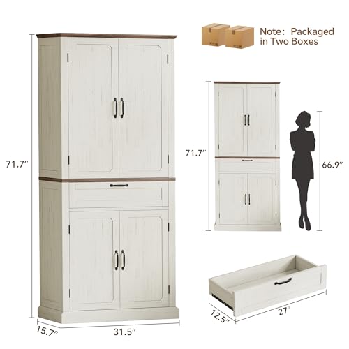 Ball & Cast 71" Kitchen Pantry Cabinet with Adjustable Shelves, White | Adjustable Shelves, Bottle Storage, Microwave Shelf, Drawer & Door Storage for Kitchen & Dining Room - color: Rustic White, size: 31.5in W