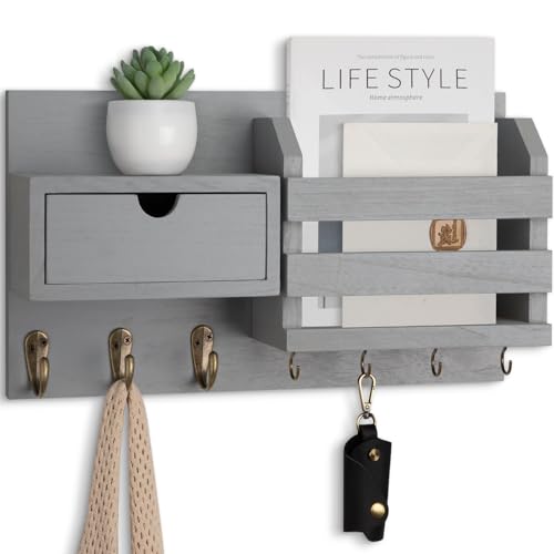 Lwenki Wall Mount Key Holder with Mail Organizer, 100% Paulownia Wood, 7 Metal Hooks, Storage Drawer, Entryway Home Decor (Gray) - color: Gray