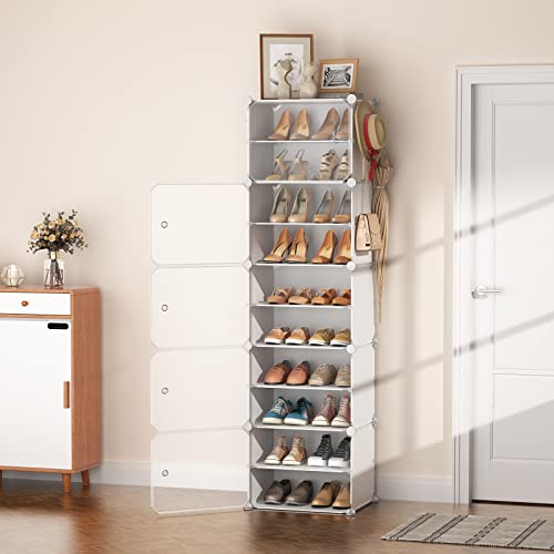 LANTEFUL 10 Tier Shoe Storage Cabinet with Door, Portable Narrow Organizer Rack for 20 Pairs, White Plastic with Hooks for Entryway or Bedroom - size: 20 Pair