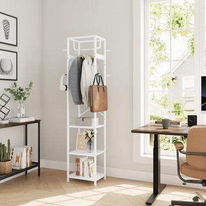 ELYKEN Coat Rack Freestanding, Hall Tree with 3 Shelves and 12 Hooks, White | Industrial Metal Frame, Space-Saving Design, Clothes Rack Stand Organizer for Bedroom, Hallway, Entryway, Office, Living Room - color: White