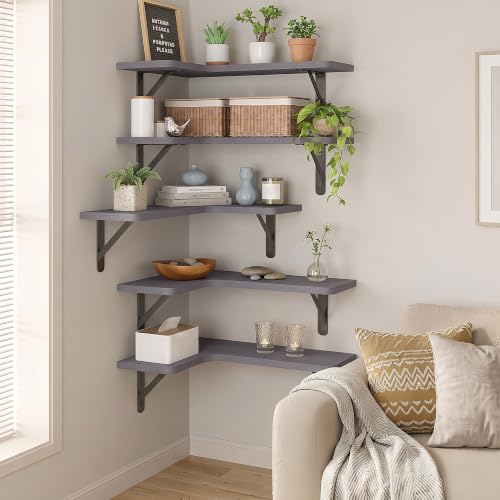 Fixwal Corner Floating Shelves Set of 5, Rustic Wood Wall Mounted Corner Shelf for Bathroom, Kitchen, Bedroom, Home Decor, Laundry Room, Living Room(Gray) | Solid wood shelf with metal brackets, holds 40 lbs. Optimizes corner storage. Fits bathroom, kitch