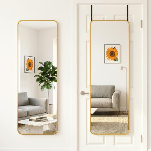 Antok 48"x14" Over the Door Mirror, Full Length Mirror Door Hanging with Aluminum Metal Frame, Rectangle Wall Mounted Body Mirrors for Bedroom, No-Drill Space Saving Dressing Mirrors, Gold - color: Gold, size: 48"L x 14"W