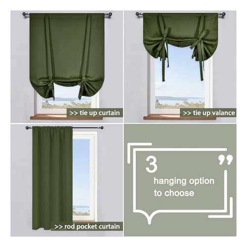 Tie Up Shade for Bathroom - Farmhouse Kitchen Curtain Thermal Insulated Window Treatment Rod Pocket Balloon Christmas Valance (1PC,Olive Green,34W x 45L) - color: Olive, size: 34"W x 45"H