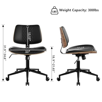 Modern Armless Office Chair with Wheels, Wide Seat Walnut, Black | Adjustable Swivel Desk Chair with Mid Back & Tilt Function, Faux PU Leather Mid Century Modern Task Office Chair, 300LBS Cap - color: Black, size: MCM Style Wide Seat