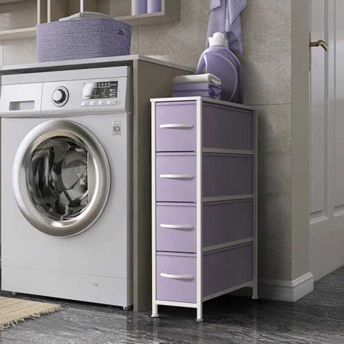 Sorbus Kids Narrow Dresser with 4 Drawers - Vertical Slim Storage Chest of Drawers with Steel Frame, Wood Top & Easy Pull Fabric Bins for Small Spaces, Closets, Bedroom, Bathroom & Laundry - color: Pastel Purple, style: 4 Drawer