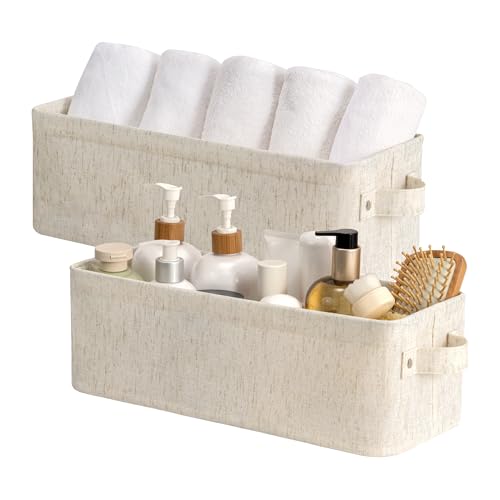 StorageWorks Narrow Storage Bins, Toilet Paper Storage, Beige, 2-Pack | Cotton Linen Fabric, With Metal Frame, Sturdy Structure, Reinforced Handles, Small Baskets for Bathroom, Closet, Shelf - color: Beige (Cotton Linen), size: 15"L x 6"W x 5"H