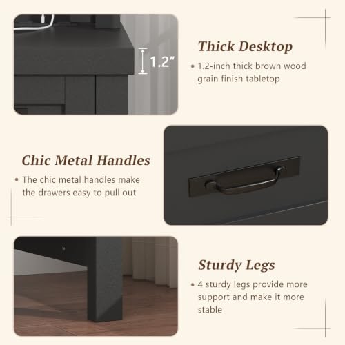 47" Farmhouse Computer Desk with Drawers & Outlets for Home Office, Bedroom | Executive Desk with Power Outlets, Home Office Desk with Monitor Stand & Drawers, Small Desk Writing Study Table, Black - color: Black