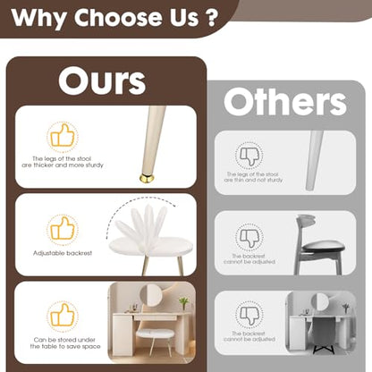 Vanity Chair with Adjustable Backrest, Velvet Upholstery Armless Makeup Stool, White Vanity Stool with Gold Metal Legs for Bedroom Living Room Kitchen Dinning Room (Velvet White) - color: Gold and Off White