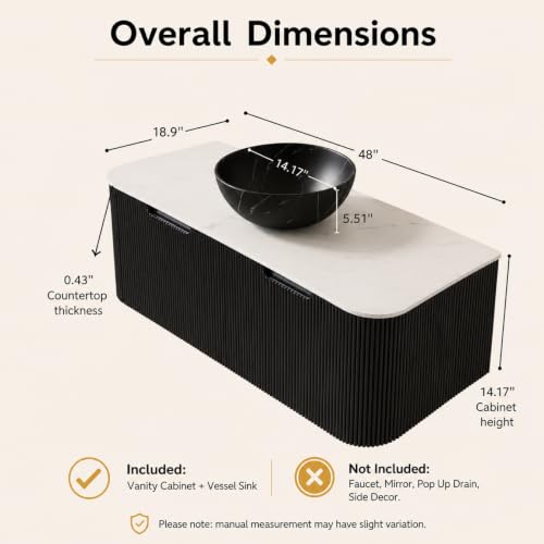 48" Floating Bathroom Vanity with Sink, Wall Mounted Plywood Cabinet, Black Fluted Front, Sintered Stone Countertop, Black Marble-Look Ceramic Bowl Vessel Sink, Soft-Close Drawer, Pre-Assembled - color: Black Cabinet / Black Marble Bowl Sink, size: 48 Inc