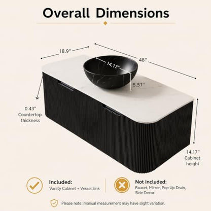 48" Floating Bathroom Vanity with Sink, Wall Mounted Plywood Cabinet, Black Fluted Front, Sintered Stone Countertop, Black Marble-Look Ceramic Bowl Vessel Sink, Soft-Close Drawer, Pre-Assembled - color: Black Cabinet / Black Marble Bowl Sink, size: 48 Inc