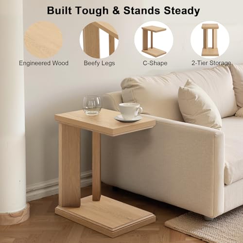 C Shaped End Table Set of 2, 23.2'' in Height Wooden Narrow Living Room Couch Side Table, 2 Tier Storage, Grain Wood Modern Nightstand for Bedroom, Apartment, Home Office (Natural Oak) - size: 2 Pack